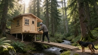 Building a Cabin Over a River with a Hanging Bridge | Start to Finish